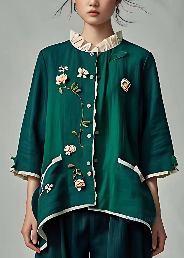Organic Blackish Green Stand Collar Low High Design Shirt Fall
