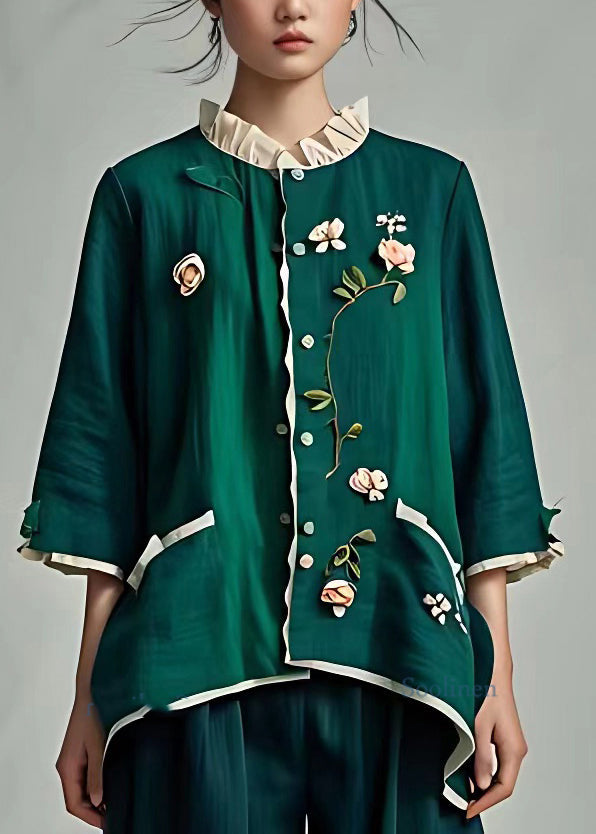 Organic Blackish Green Stand Collar Low High Design Shirt Fall