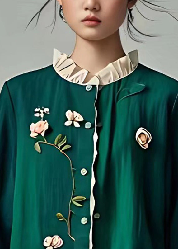 Organic Blackish Green Stand Collar Low High Design Shirt Fall