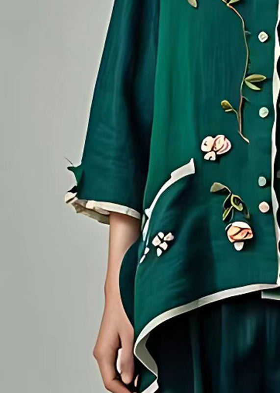 Organic Blackish Green Stand Collar Floral Low High Design Shirt Fall