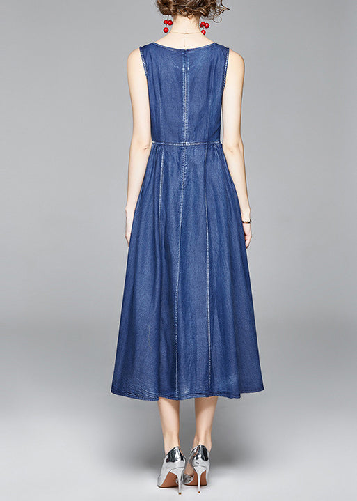 Organic Blue Cinched Embroideried Zippered Spaghetti Strap Cotton Denim Dress Spring