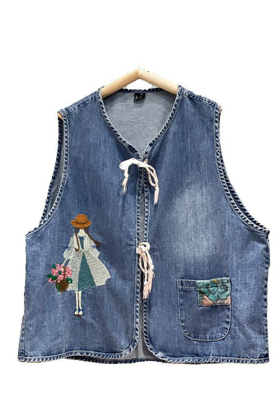 Organic Blue Embroideried O-neck Pocket Lace Up Cotton Vest Tops Sleeveless