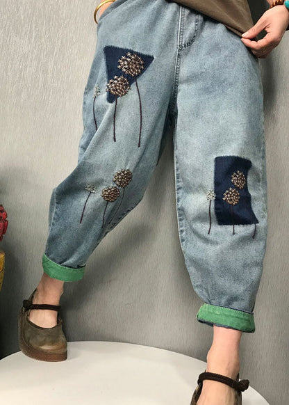 Organic Blue Embroideried Harem Denim Pants Spring