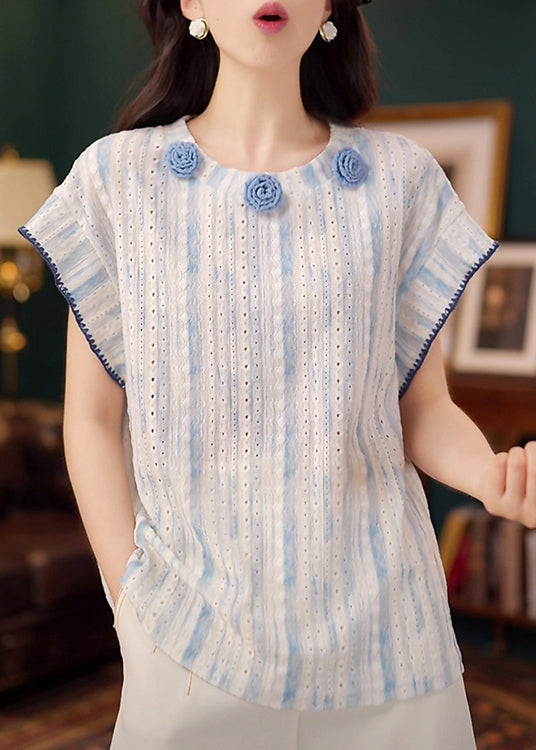 Organic Blue Decorated Hollow Out Cotton Tanks Summer