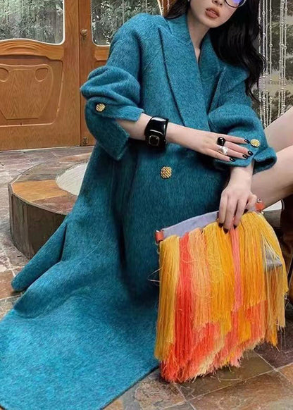 Organic Blue Notched Patchwork Pockets Maxi Woolen Coats Spring