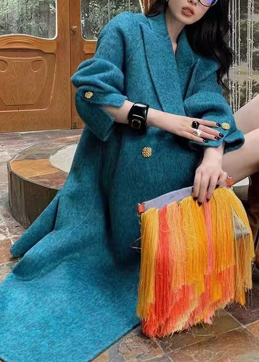 Organic Blue Notched Patchwork Pockets Maxi Woolen Coats Spring