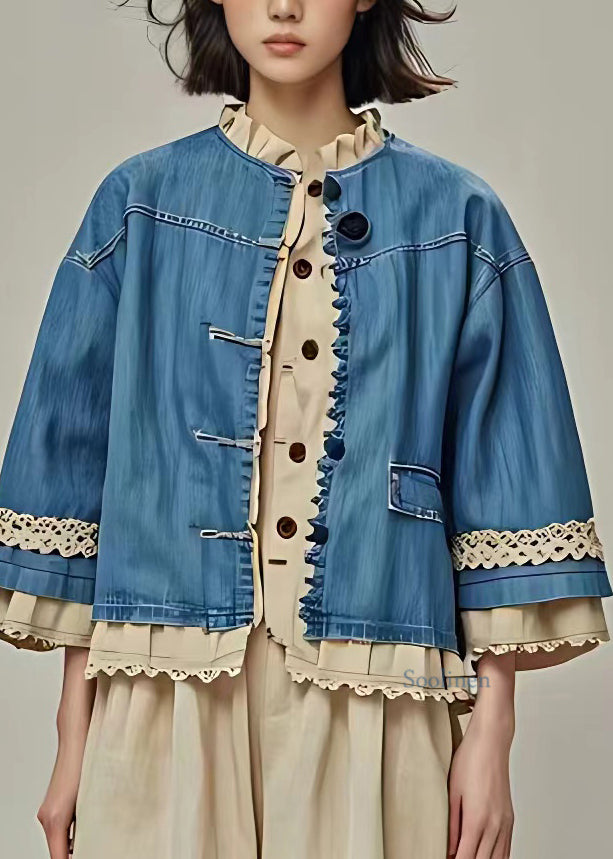 Organic Blue O-neck Pockets Coat Long Sleeve
