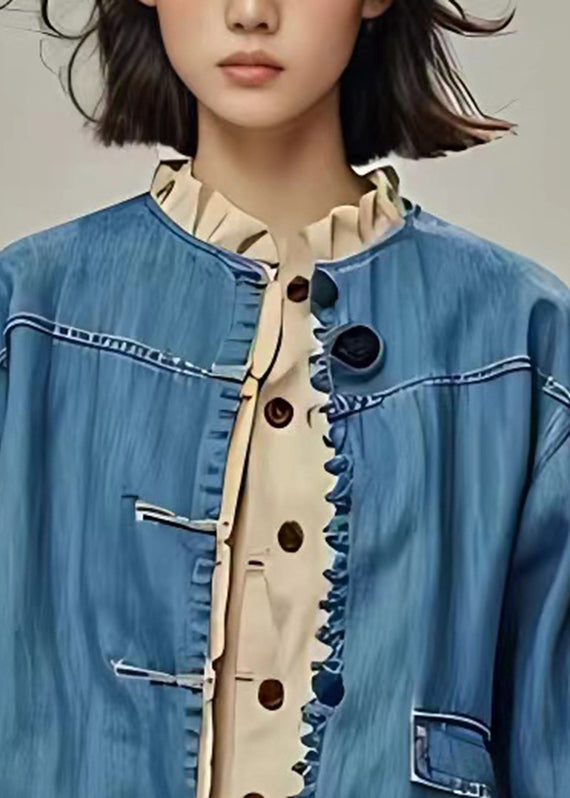 Organic Blue O-neck Pockets Coat Long Sleeve