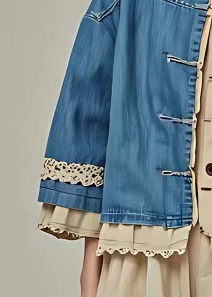 Organic Blue O-neck Pockets Coat Long Sleeve