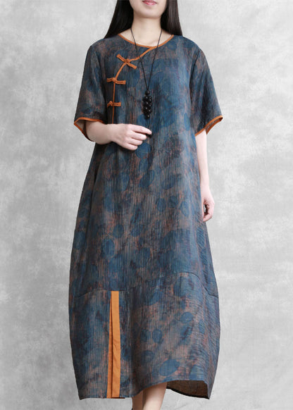 Organic Blue O Neck Print Chinese Button Patchwork Silk Dress Summer
