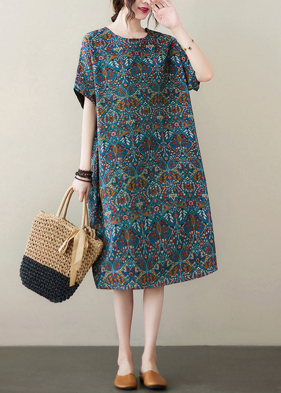 Organic Blue O-neck Print Cotton Maxi Dresses Summer