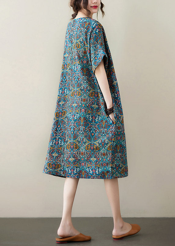 Organic Blue O-neck Print Cotton Maxi Dresses Summer