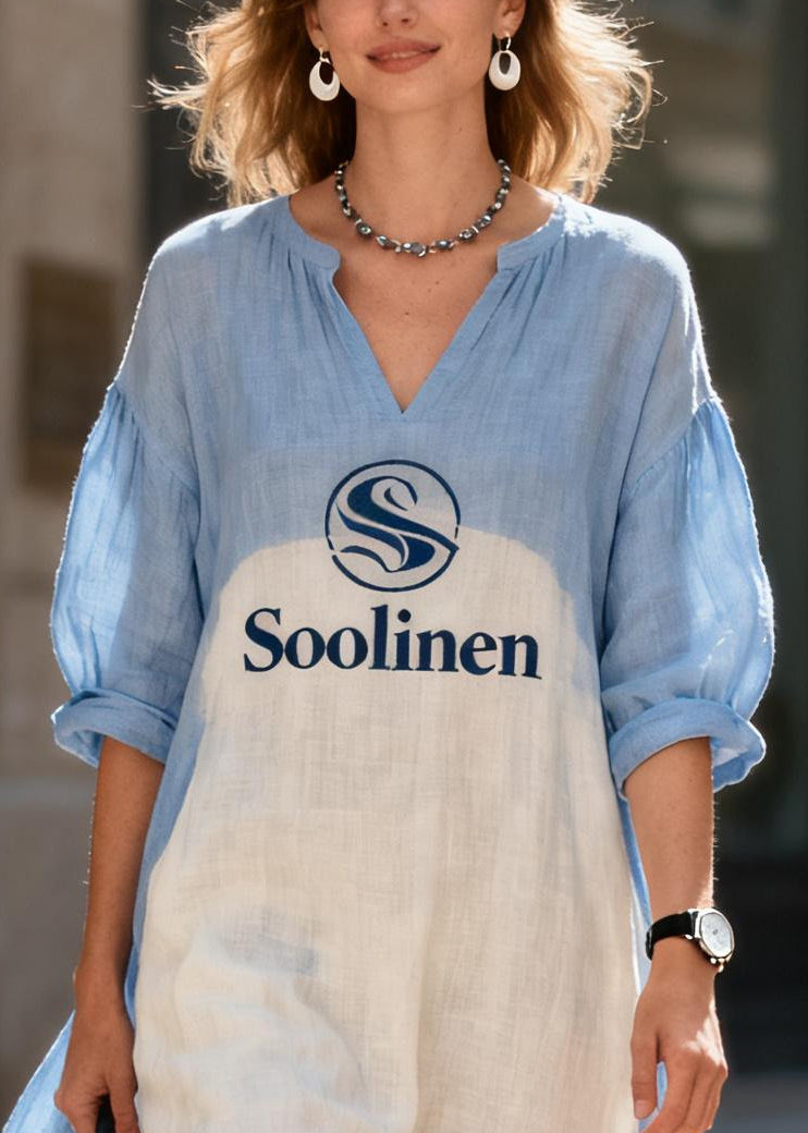 Organic Blue Oversized Patchwork Print Cotton Vacation Dress Summer