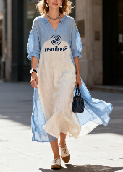 Organic Blue Oversized Patchwork Print Cotton Vacation Dress Summer
