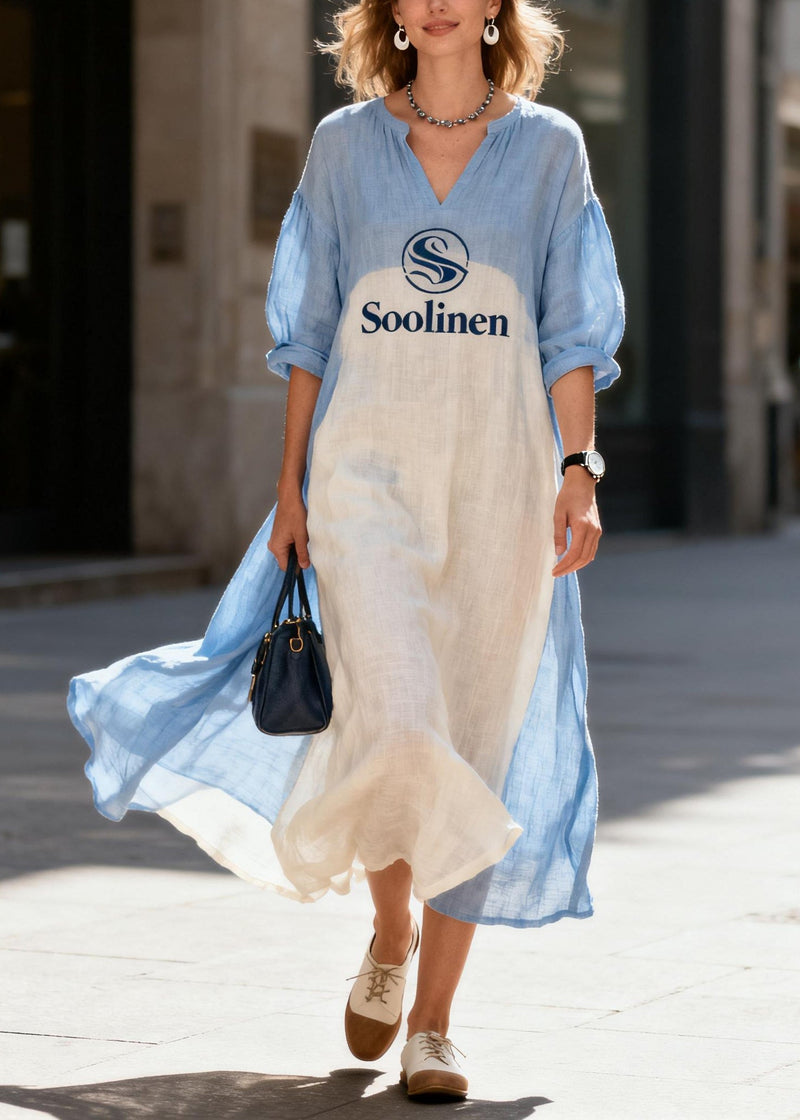 Organic Blue Oversized Patchwork Print Cotton Vacation Dress Summer