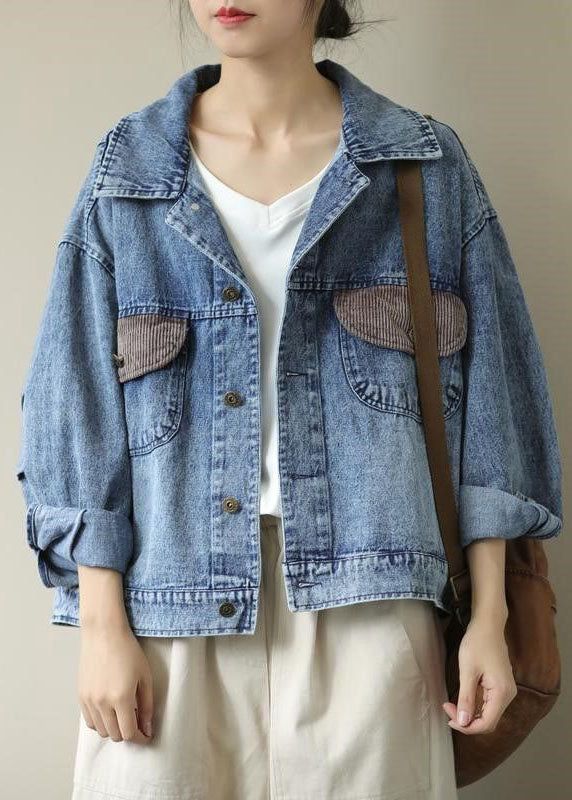 Organic Blue Peter Pan Collar Pockets Denim Coats Spring