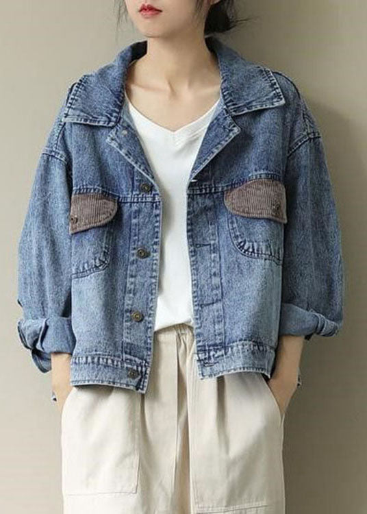 Organic Blue Peter Pan Collar Pockets Denim Coats Spring