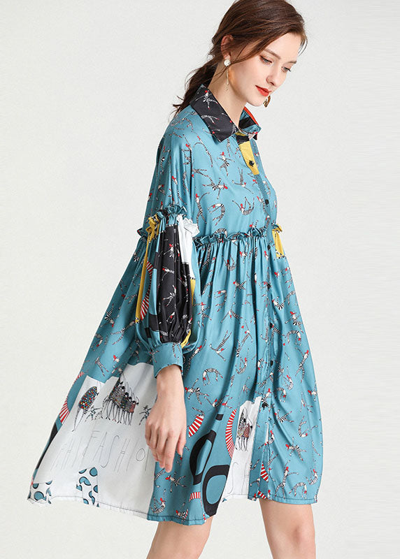 Organic Blue Peterpan Collar Patchwork Fall Holiday Dress Long Sleeve