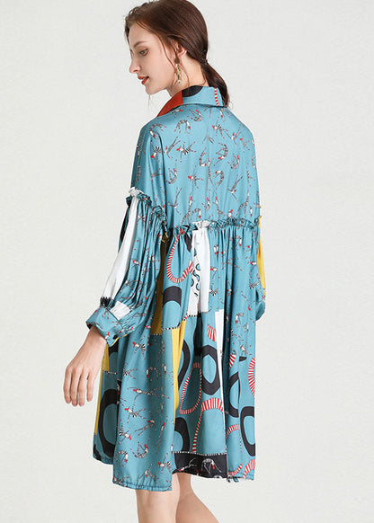 Organic Blue Peterpan Collar Patchwork Fall Holiday Dress Long Sleeve