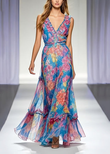 Organic Blue Print Chiffon Beach Sundresses Sleeveless