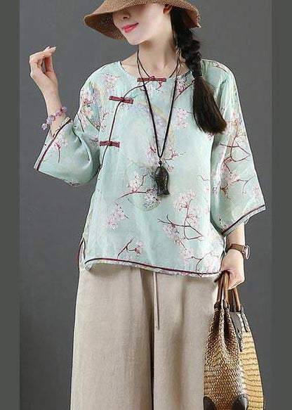 Organic Blue Print Linen Half Sleeve Top Summer