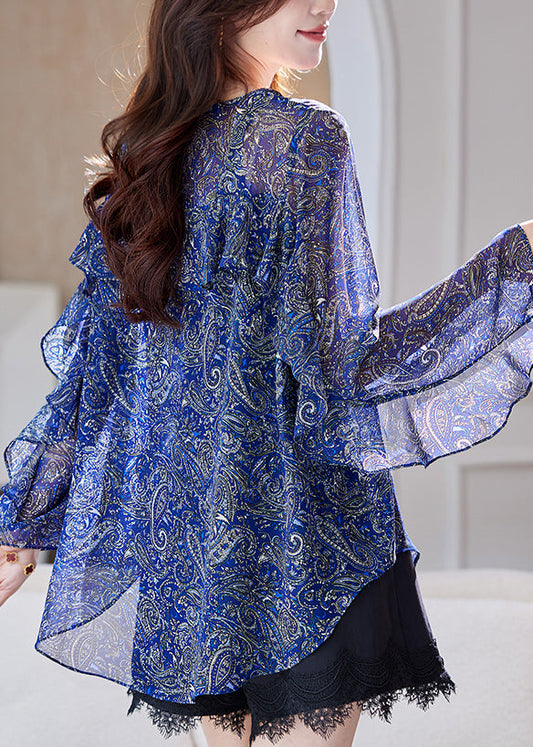 Organic Blue Print Ruffled Patchwork Chiffon Blouses Summer