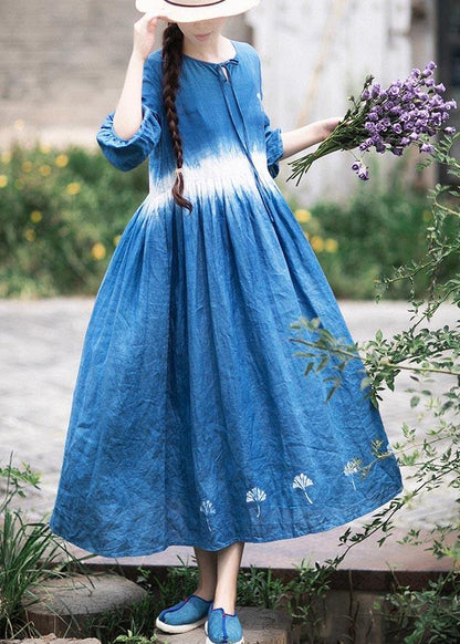 Organic Blue Print Tunic O Neck Cinched Art Dress