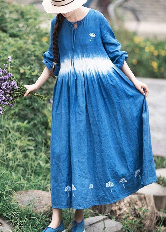 Organic Blue Print Tunic O Neck Cinched Art Dress