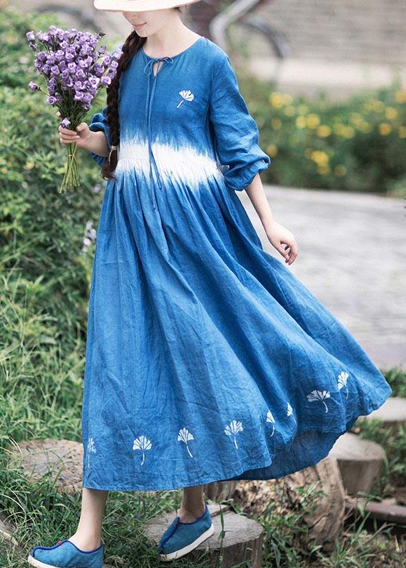 Organic Blue Print Tunic O Neck Cinched Art Dress