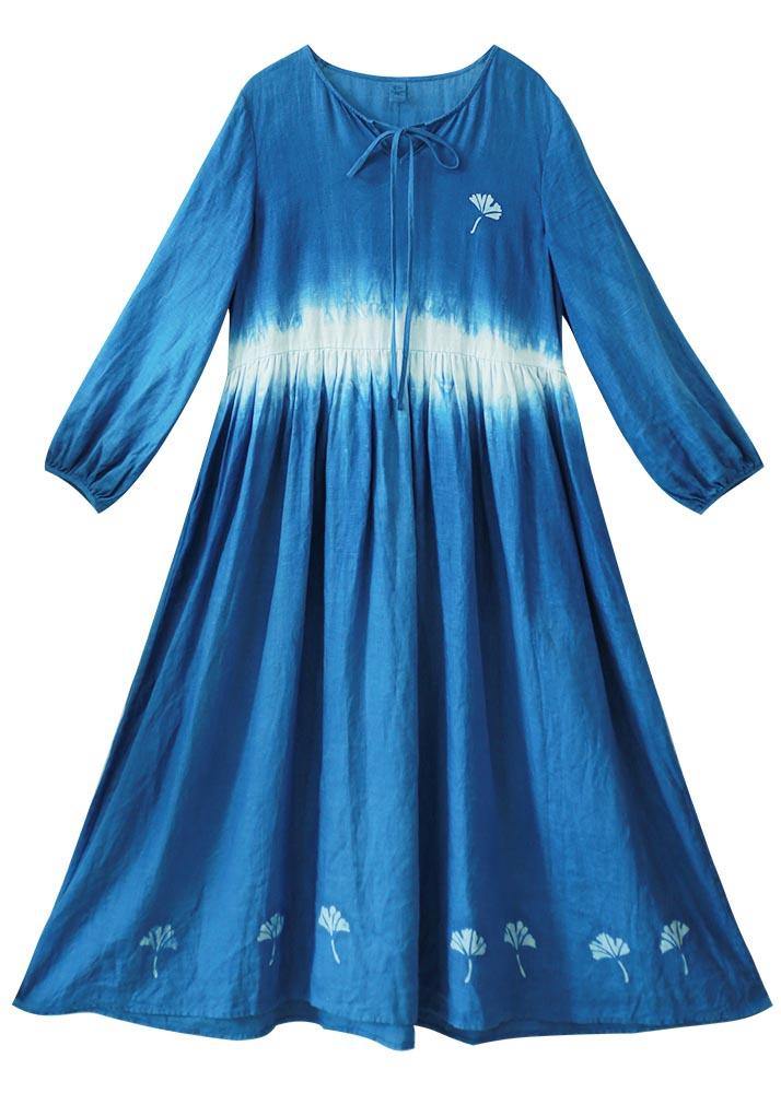 Organic Blue Print Tunic O Neck Cinched Art Dress