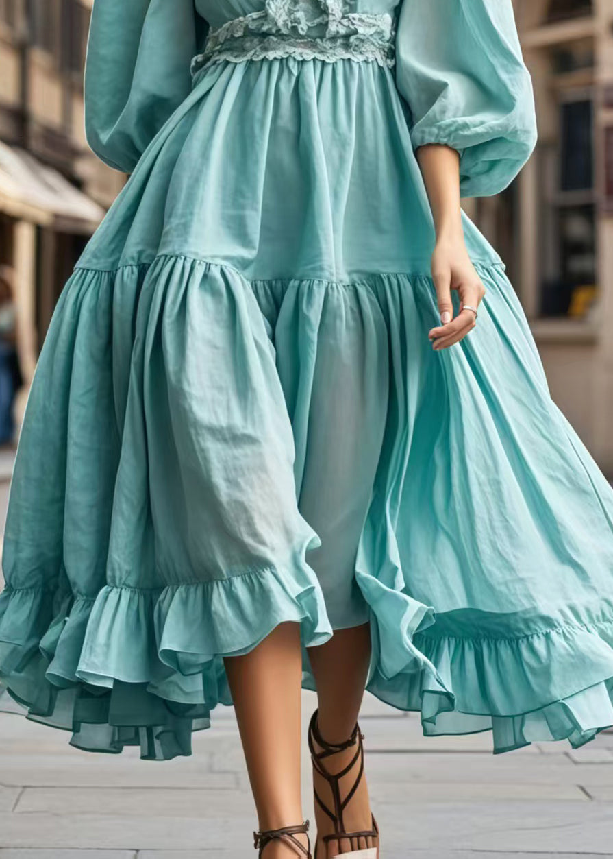 Organic Blue Ruffled Exra Large Hem Vacation Dresses Bracelet Sleeve