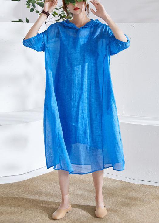 Organic Blue Ruffled Patchwork Summer Ramie Maxi Dresses Half Sleeve