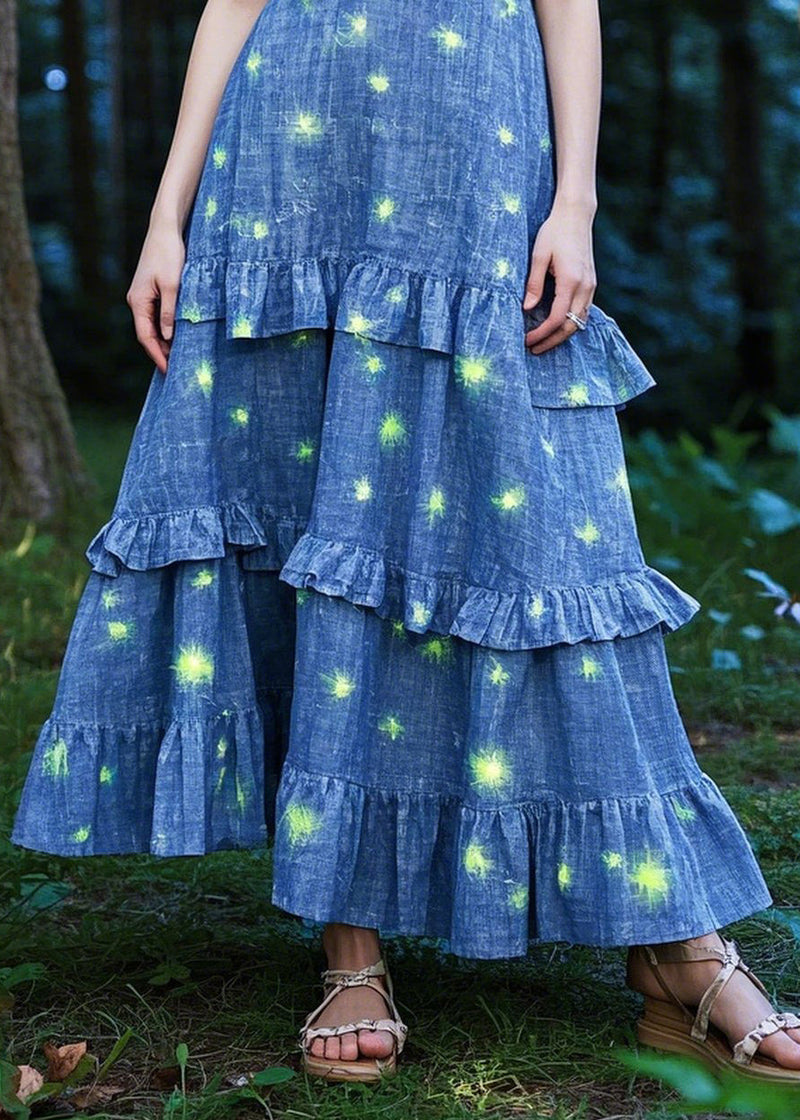 Organic Blue Ruffled Print Denim Cami Dresses Summer