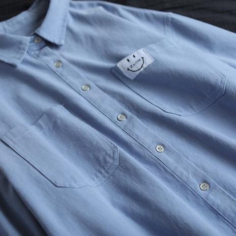 Organic Blue Smiling Face Top Lapel Button Down Midi Spring Shirts
