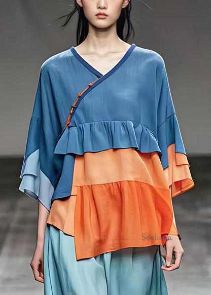 Organic Blue V Neck Ruffled Patchwork Shirts Bracelet Sleeve
