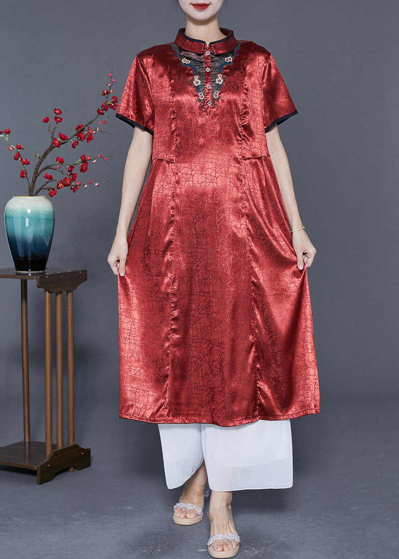 Organic Brick Red Mandarin Collar Embroideried Silk Vacation Dresses Summer