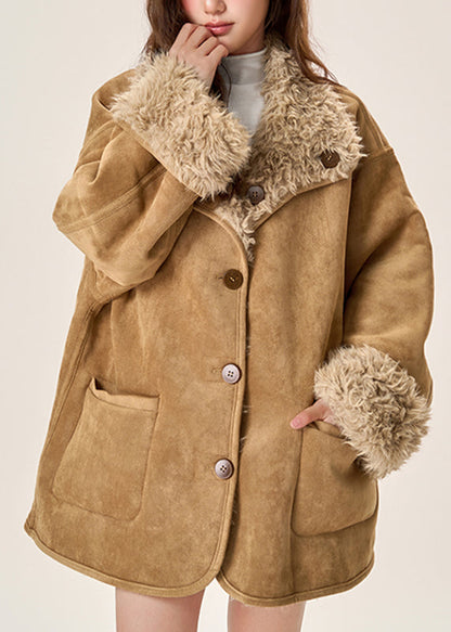 Organic Brown Pockets Fleece Wool Lined Wear on Both Sides Coats Winter