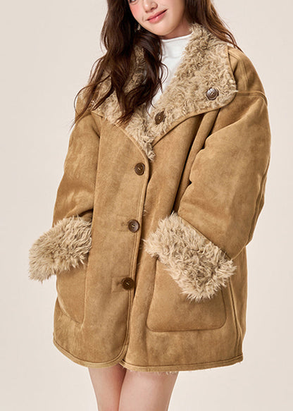 Organic Brown Pockets Fleece Wool Lined Wear on Both Sides Coats Winter