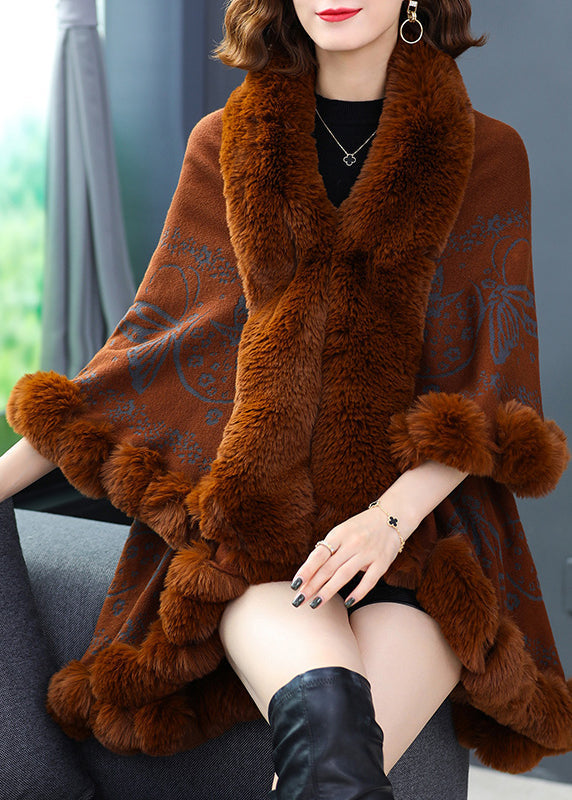 Organic Caramel V Neck Print Low High Design Patchwork Woolencoats Fall