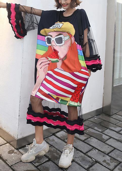 Organic Cartoon Print Cotton Dresses Lantern Sleeve Dresses Summer Dresses