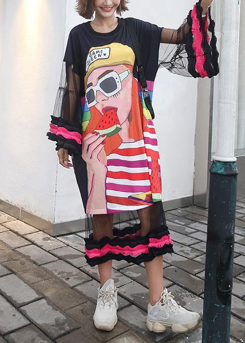 Organic Cartoon Print Cotton Dresses Lantern Sleeve Dresses Summer Dresses