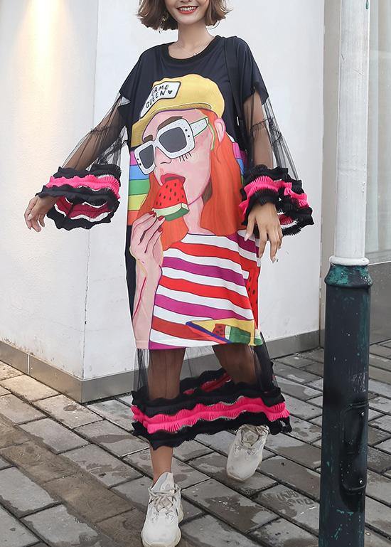 Organic Cartoon Print Cotton Dresses Lantern Sleeve Dresses Summer Dresses