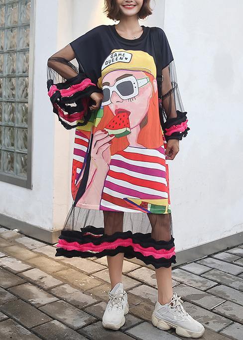 Organic Cartoon Print Cotton Dresses Lantern Sleeve Dresses Summer Dresses