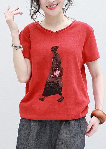 Organic Cartoon Print V Neck Cotton Long Shirts Red Silhouette Summer Shirt