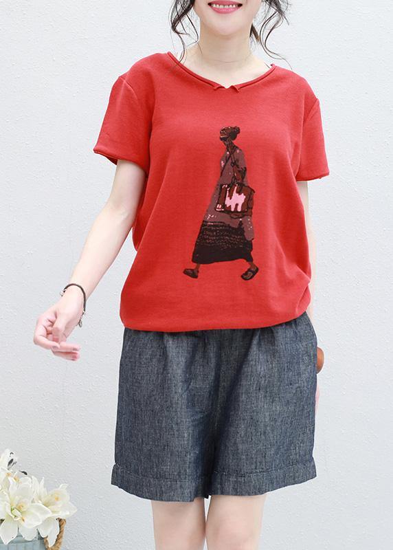 Organic Cartoon Print V Neck Cotton Long Shirts Red Silhouette Summer Shirt