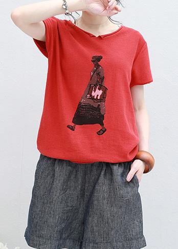 Organic Cartoon Print V Neck Cotton Long Shirts Red Silhouette Summer Shirt