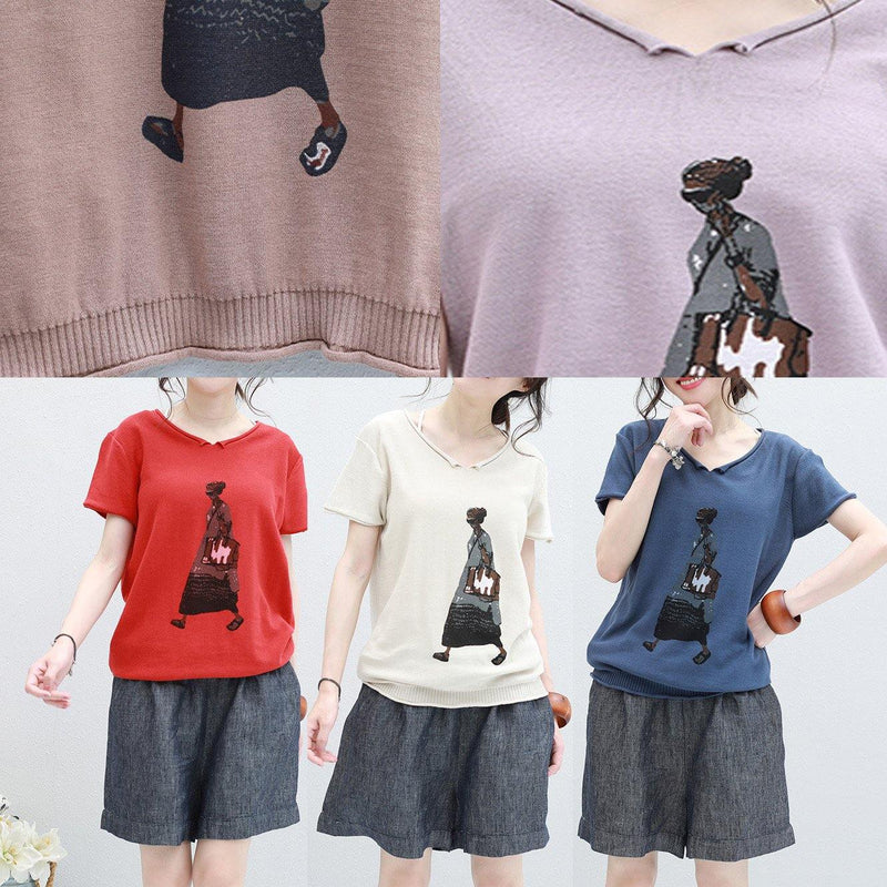 Organic Cartoon Print V Neck Cotton Long Shirts Red Silhouette Summer Shirt