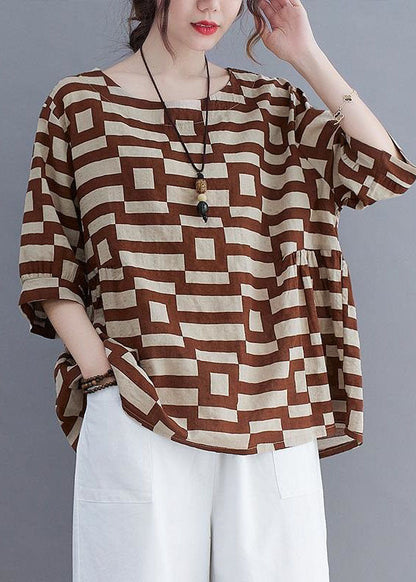 Organic Coffee O-neck Print Patchwork Cotton T Shirt Summer