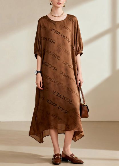 Organic Coffee O-neck Silk Maxi Dresses Summer