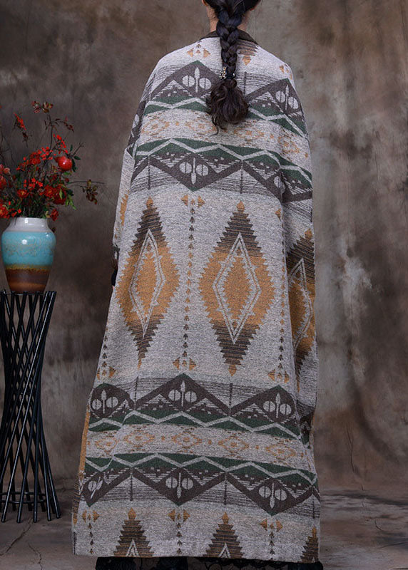 Organic Chocolate V Neck Print Asymmetrical Design Patchwork Fall Woolen Coat Long Sleeve